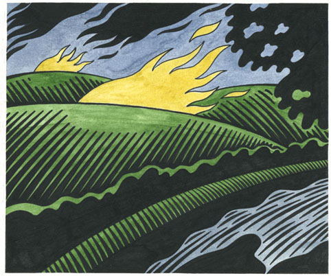 The fires spread all over Dorset - illustration by Clifford Harper